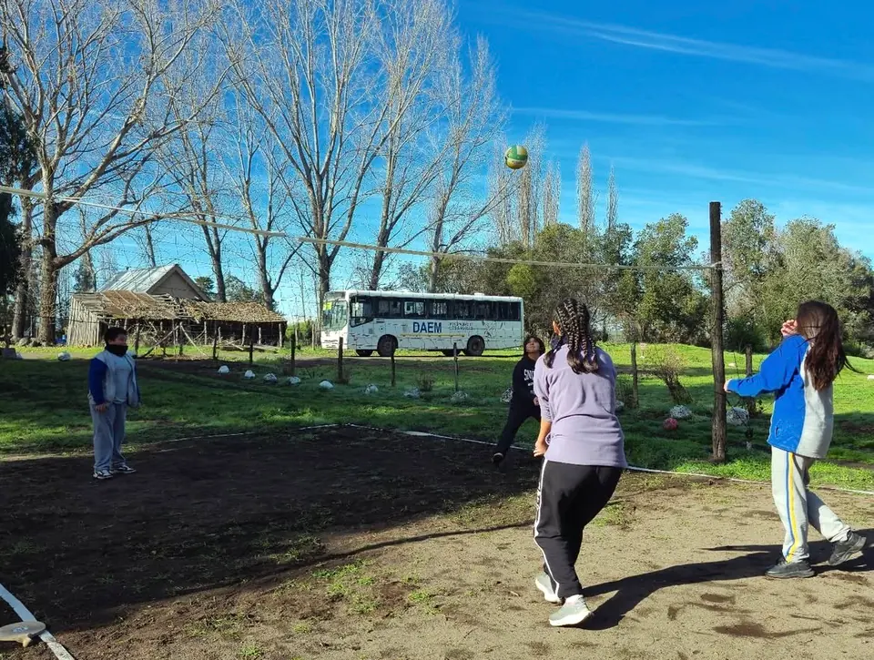 Personas jugando vóley en una cancha de pasto