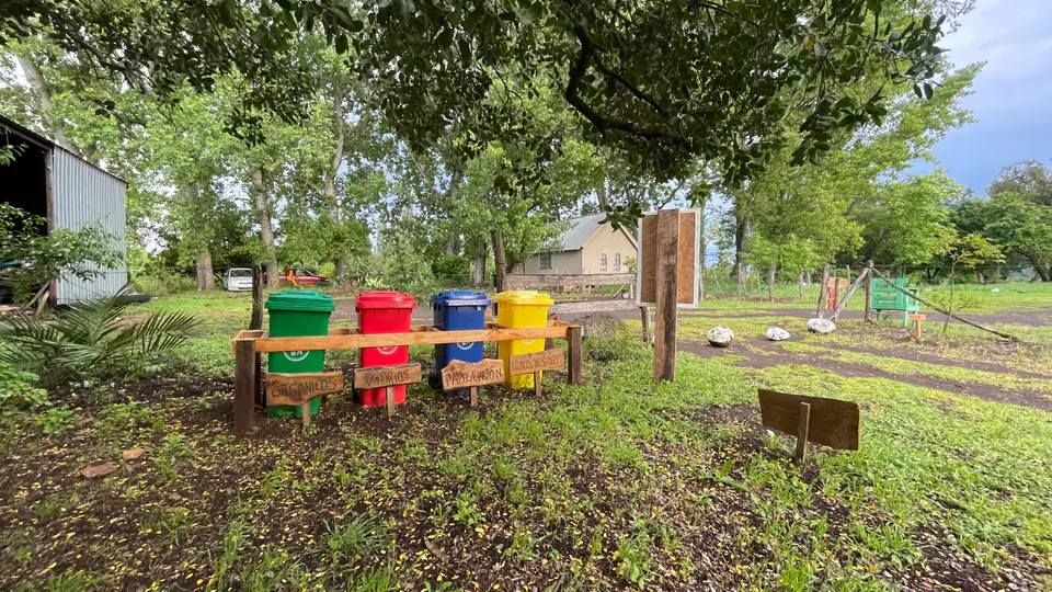 Zona de descanso con sillas de colores bajo los árboles